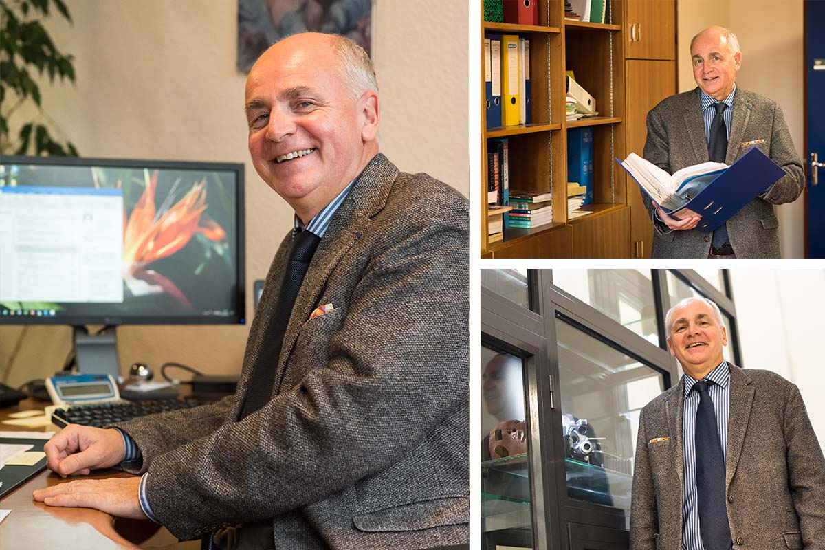 Trois portraits de Jean Schihin dans les locaux de l'IPHC.